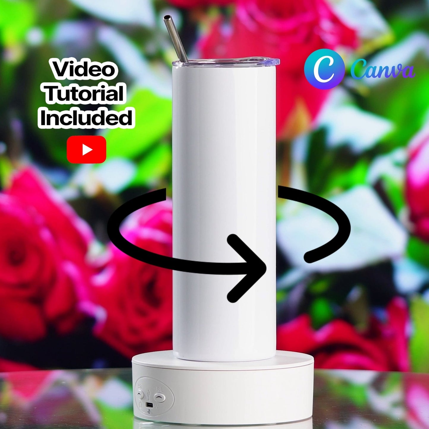 20oz Tumbler Canva Rotating Mock-Up, Valentine Day, Roses background - Easily place your design in CANVA - KosmosMockups
