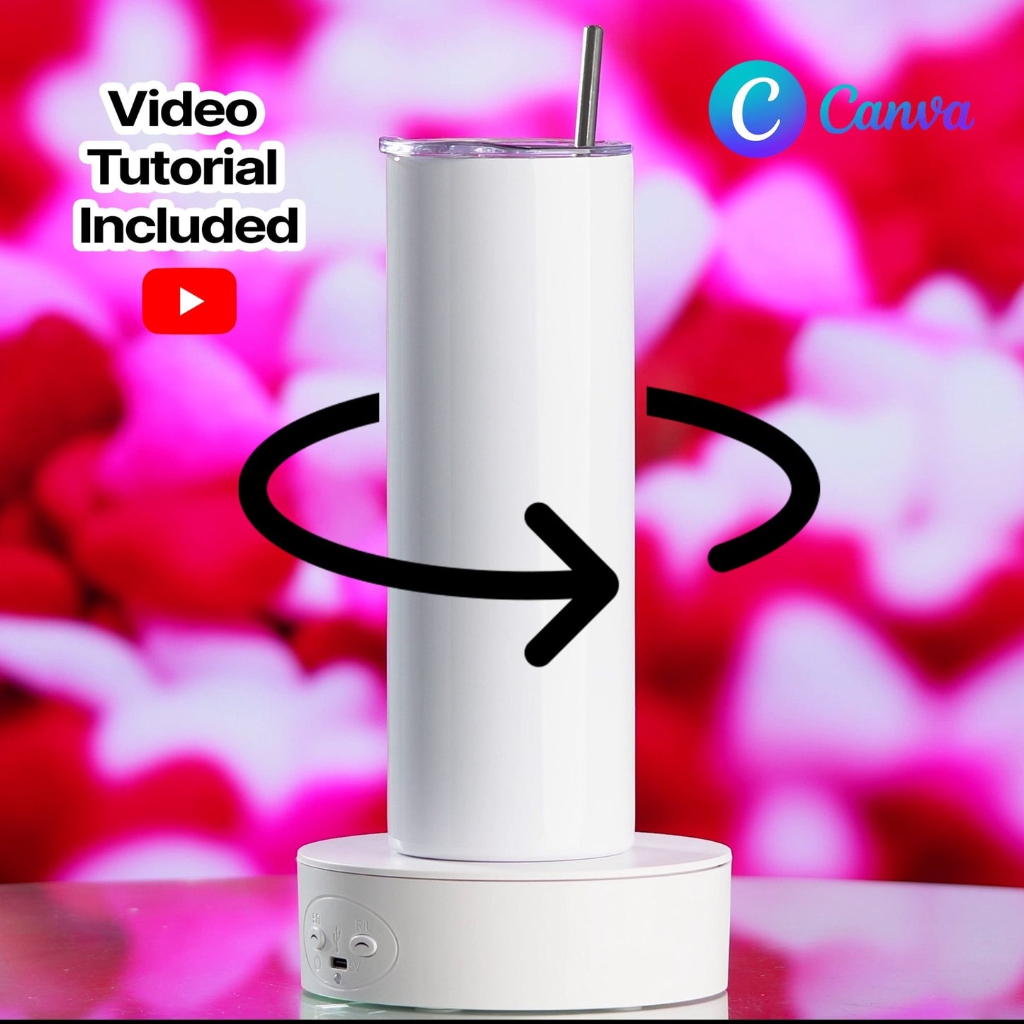 20oz Tumbler Canva Rotating Video Mock-Up, Valentine Day Background - Easily place your design in CANVA - KosmosMockups