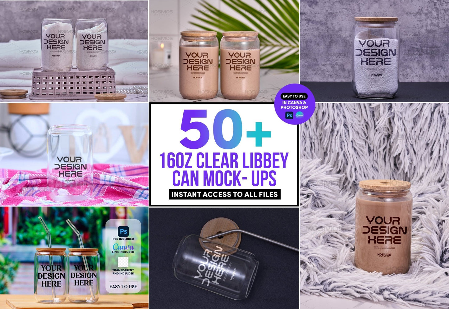 50+ 16oz CLEAR Libbey Glass Can Mock Ups Bundle Collection, Easy to Use in Canva and Photoshop, Instant Access to All files - KosmosMockups