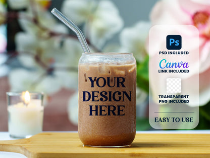 16oz CLEAR Libbey Glass Can Mock Up for Photoshop & Canva, Add your Own Background version - KosmosMockups