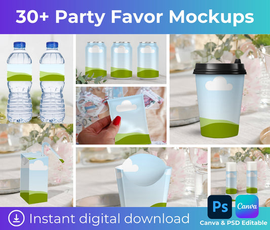 30+ Party Favor Mockups Bundle , Party Favor Mockup Bundle, Chip bag, Juice Pouch, Water Bottle Mockup, party favors , Canva Frame and Photoshop Mockup Mock ups - KosmosMockups