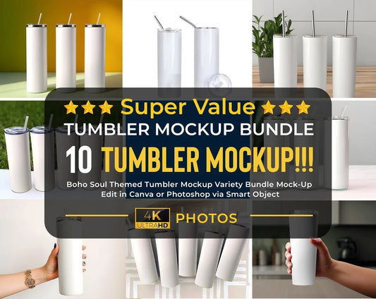 10 x Balanced Selection Tumbler Mockup Variety Bundle | 20oz Skinny Straight Tumbler Mock-up Edit in Canva/ Photoshop via Smart Object PSD - KosmosMockups