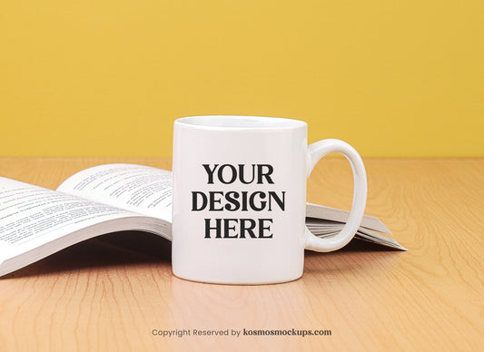11oz White Mug Mockup | Blank Mug Mockup | Coffee Mug Mockups | Mug Mockup PSD JPG | Blank Mug Template | Lifestyle Mockup | Mug with open book - KosmosMockups