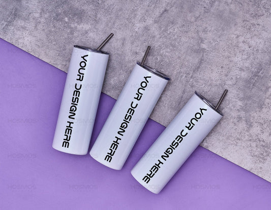 20oz Skinny 3 Straight Tumbler Mock-up on purple background Edit in Canva/ Photoshop via Smart Object PSD - KosmosMockups