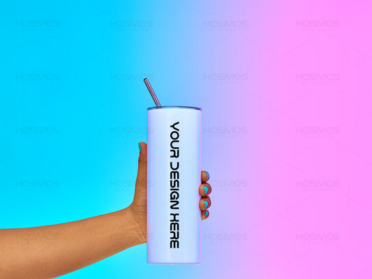 20oz Skinny hand holding Straight Tumbler Mock-up Edit in Canva/ Photoshop via Smart Object PSD - KosmosMockups