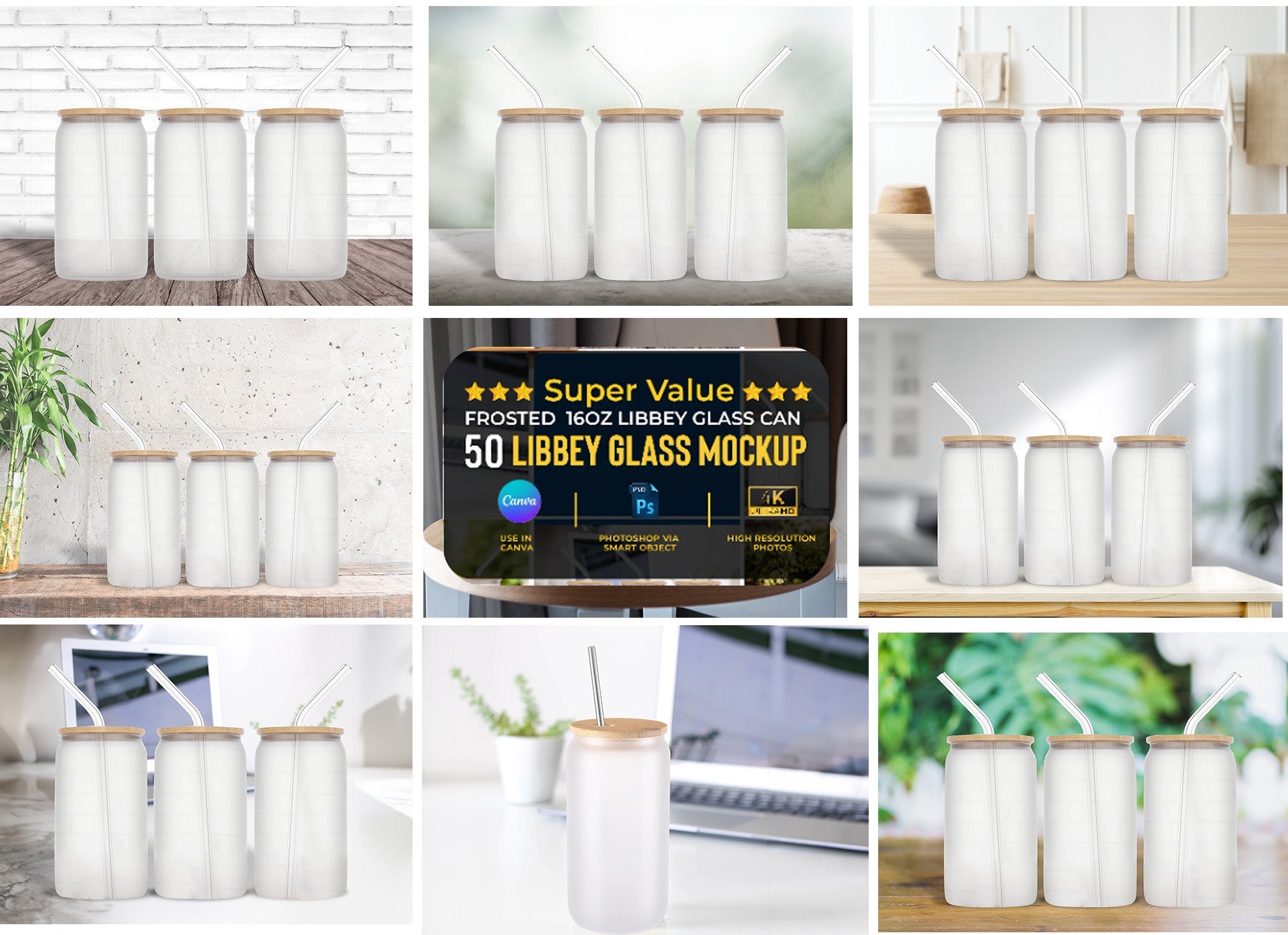 50 Frosted 16oz Libbey Glass Can Mock Ups Canva Templates AND PSD - Edit in CANVA, Photoshop, 50 Backgrounds - KosmosMockups