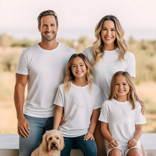 Family Blank White T-shirt Bella Canvas 3001 3001T 100B white mock-up shirts, family model mockup, realistic, a family of 3 and 4 - KosmosMockups
