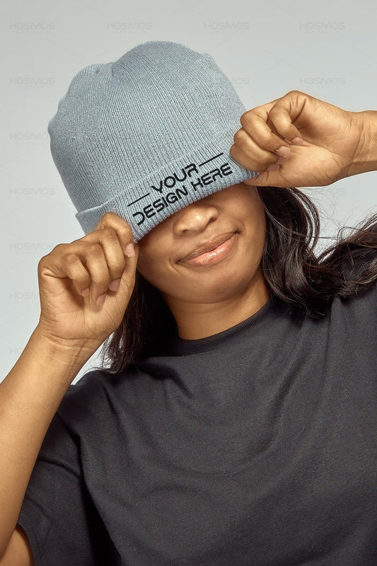 Grey Beanie Mockup, Model in Beanie Mockup, Beanie Mockup , Beanie Mockup Template, Beanie Mockup Free, Beanie Mockup Free Download, Blank Beanie Mockup, Beanie Mockup Generator - KosmosMockups